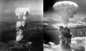 Left picture: Atomic plume above Hiroshima, photo taken by Necessary Evil Right picture : Atomic bombing of Nagasaki, photo by Charles Levy. 
