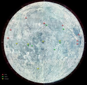 The green dots in this image indicate locations of Apollo landings on the moon (Photo Credit: NASA). 