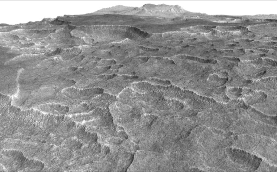 An image taken using the SHARAD, which demonstrates the depressions on Mars where researchers checked for buried ice (Photo Credit: NASA/JPL-Caltech/Univ. of Arizona).