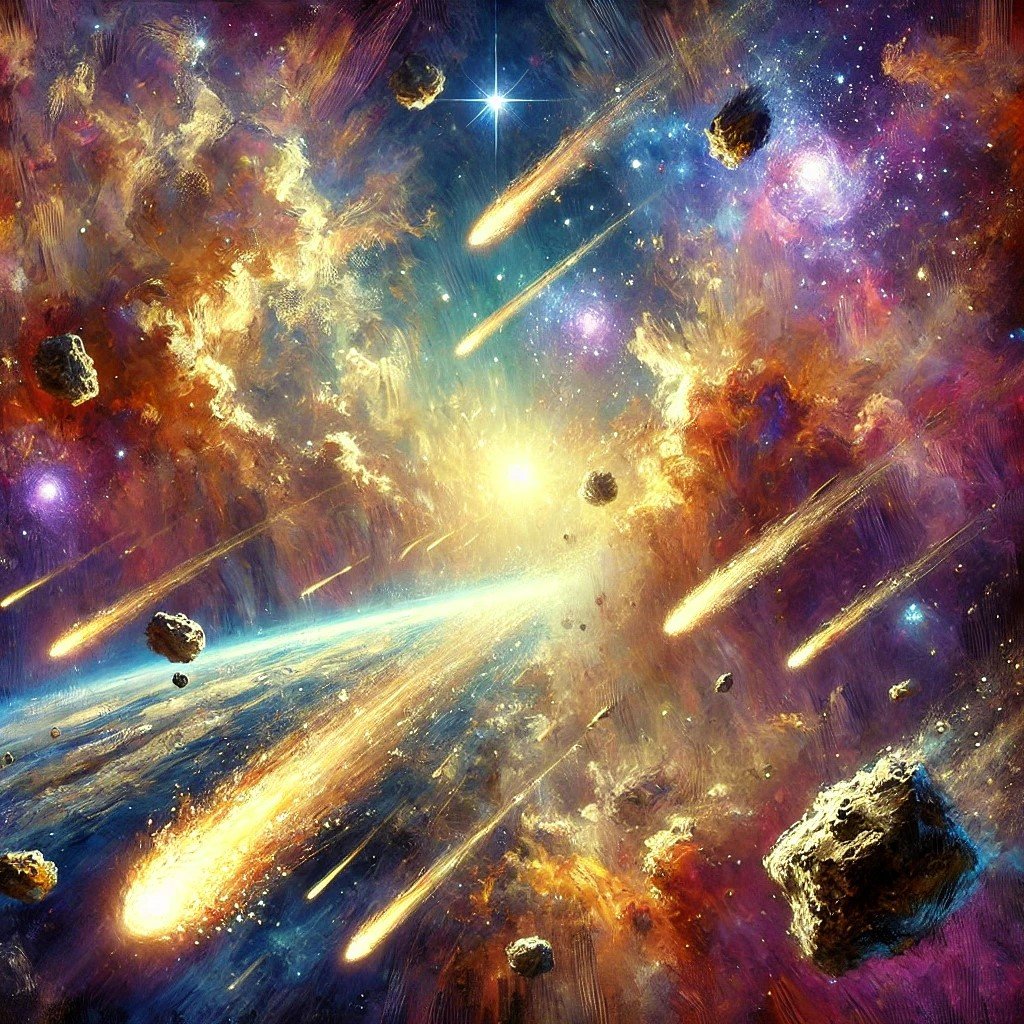 A vibrant cosmic scene showing asteroids and comets streaking through a colorful galaxy, with bright stars and swirling nebulae surrounding a central glowing star.