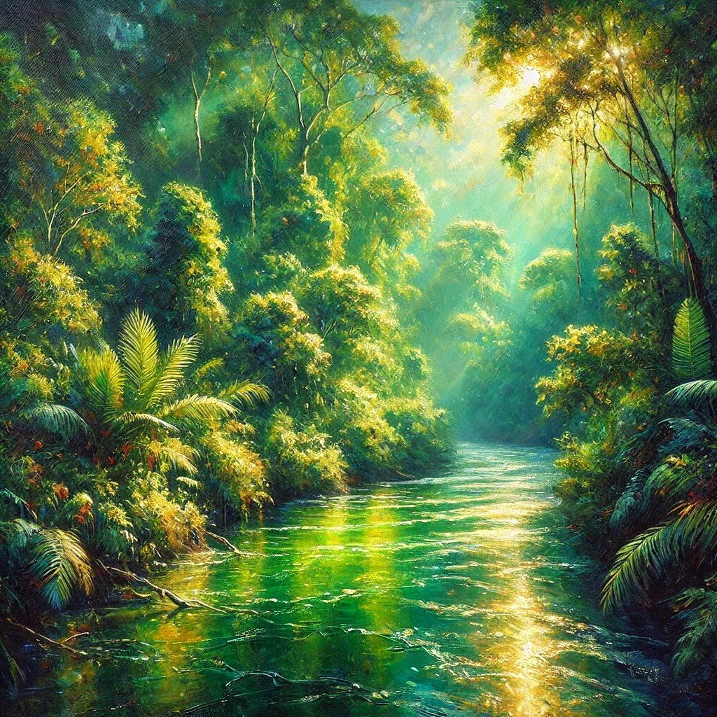 The image depicts a lush, vibrant Amazon rainforest scene with dense green foliage on both sides of a calm river, which reflects the sunlight filtering through the trees. Sunlight streams in from above, casting a warm, golden glow over the scene, illuminating patches of the water and highlighting the rich diversity of plants and trees. The scene is serene and alive, evoking the natural beauty and tranquility of the Amazon rainforest.