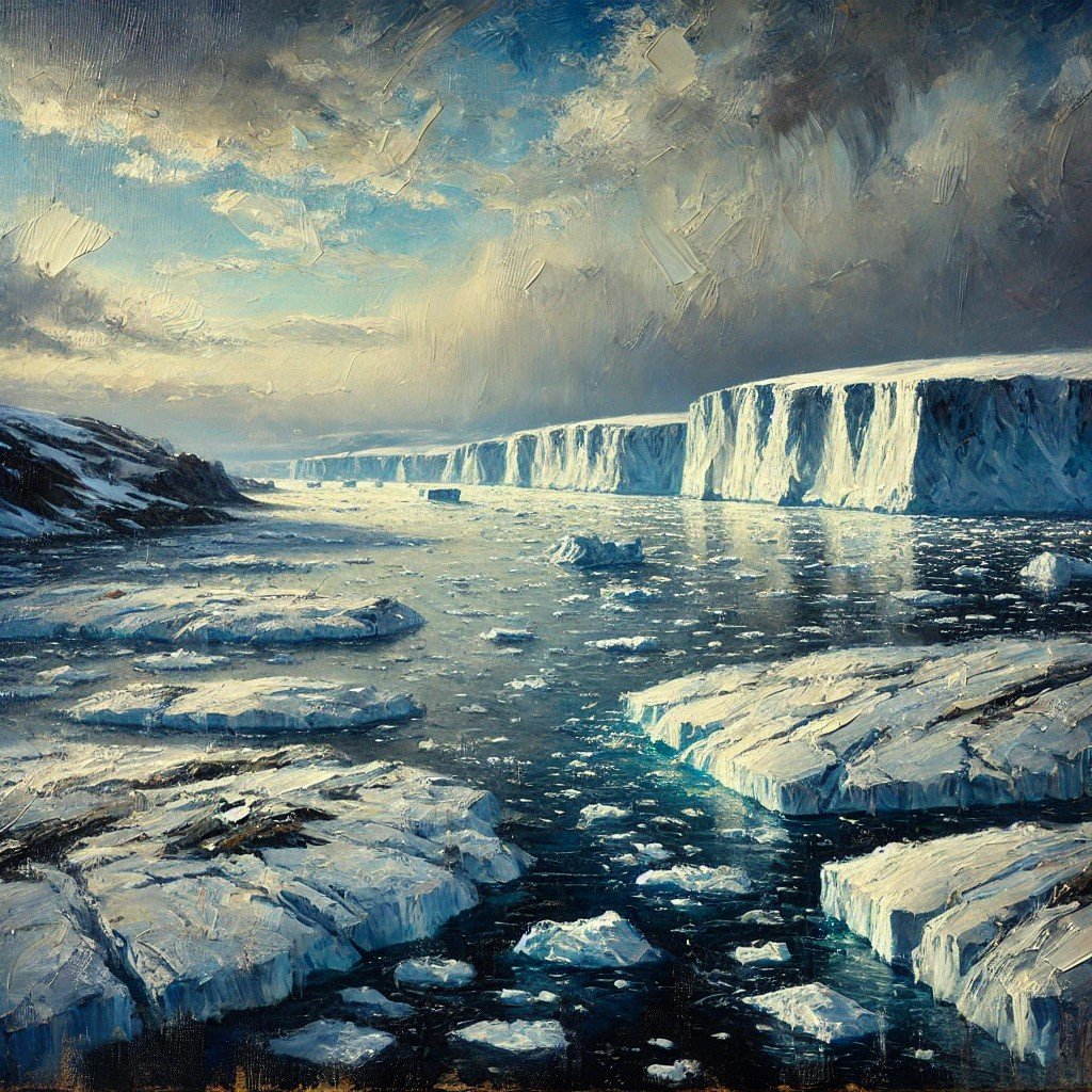 An impressionist oil painting of the Ross Ice Shelf in Antarctica. The scene depicts a vast, frozen landscape with rugged, cracked ice formations stretching into the distance under a moody sky. The dark sea nearby hints at hidden depths, with subtle warmth suggested beneath the ice. Scattered icebergs catch glimmers of light as the sun begins to set, casting a serene, cold glow over the landscape. The brushstrokes are expressive and textured, creating a dynamic, atmospheric impression of the raw beauty of the Antarctic environment.